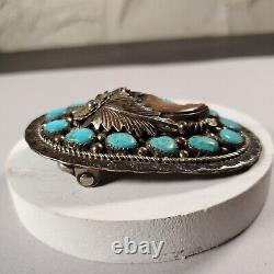 Vintage Native American Navajo Belt Buckle Sterling Silver Coral Turquoise 56 g