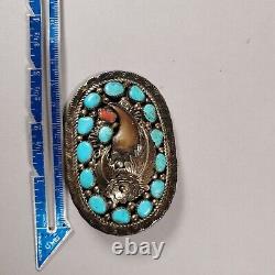 Vintage Native American Navajo Belt Buckle Sterling Silver Coral Turquoise 56 g