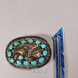 Vintage Native American Navajo Belt Buckle Sterling Silver Coral Turquoise 56 g