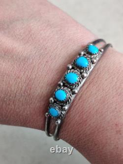 Vintage Native American Navajo Cuff Bracelet Sterling Silver Turquoise Cabochons