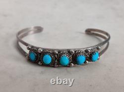 Vintage Native American Navajo Cuff Bracelet Sterling Silver Turquoise Cabochons