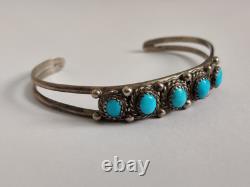 Vintage Native American Navajo Cuff Bracelet Sterling Silver Turquoise Cabochons