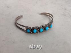 Vintage Native American Navajo Cuff Bracelet Sterling Silver Turquoise Cabochons