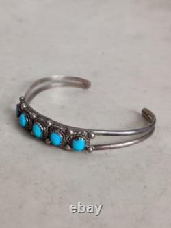 Vintage Native American Navajo Cuff Bracelet Sterling Silver Turquoise Cabochons