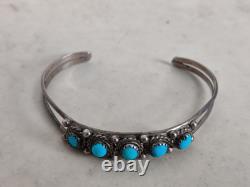 Vintage Native American Navajo Cuff Bracelet Sterling Silver Turquoise Cabochons