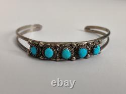 Vintage Native American Navajo Cuff Bracelet Sterling Silver Turquoise Cabochons