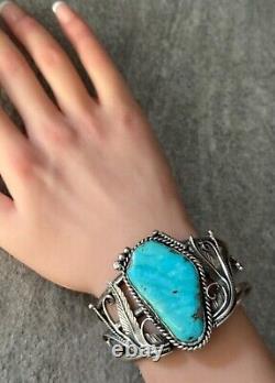 Vintage Native American Navajo Large Turquoise Sterling Bracelet Signed 55+g