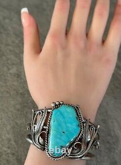 Vintage Native American Navajo Large Turquoise Sterling Bracelet Signed 55+g