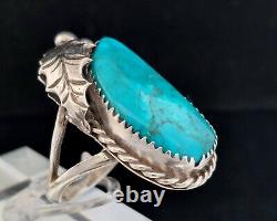 Vintage Native American, Navajo Signed D Turquoise Sterling Leaf Ring -Size 6.75