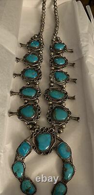 Vintage Native American Navajo Squash Blossom Sterling Silver Turquoise Necklace
