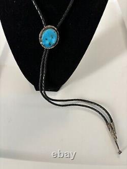 Vintage Native American Navajo Sterling Silver Blue Turquoise Bolo Tie