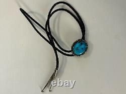 Vintage Native American Navajo Sterling Silver Blue Turquoise Bolo Tie