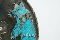Vintage Native American Navajo Sterling Silver Carved Turquoise Bear Pendant