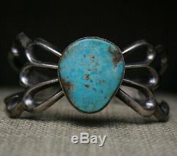 Vintage Native American Navajo Sterling Silver Sandcast Turquoise Cuff Bracelet