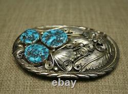 Vintage Native American Navajo Sterling Silver Turquoise Belt Buckle