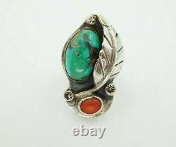 Vintage Native American Navajo Sterling Silver Turquoise Coral Ring Size 6.75