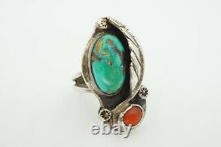 Vintage Native American Navajo Sterling Silver Turquoise Coral Ring Size 6.75