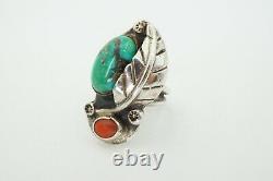 Vintage Native American Navajo Sterling Silver Turquoise Coral Ring Size 6.75