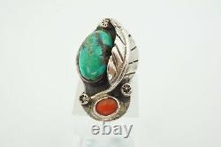 Vintage Native American Navajo Sterling Silver Turquoise Coral Ring Size 6.75