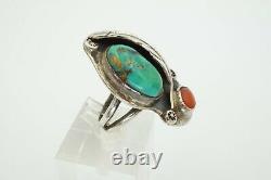 Vintage Native American Navajo Sterling Silver Turquoise Coral Ring Size 6.75