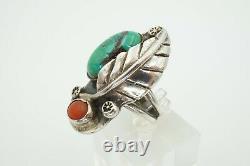 Vintage Native American Navajo Sterling Silver Turquoise Coral Ring Size 6.75