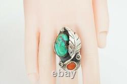 Vintage Native American Navajo Sterling Silver Turquoise Coral Ring Size 6.75