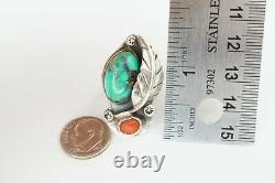 Vintage Native American Navajo Sterling Silver Turquoise Coral Ring Size 6.75
