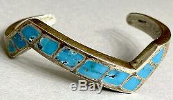 Vintage Native American Navajo Sterling Silver Turquoise Inlay Cuff Bracelet 39g