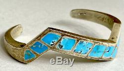 Vintage Native American Navajo Sterling Silver Turquoise Inlay Cuff Bracelet 39g