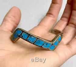 Vintage Native American Navajo Sterling Silver Turquoise Inlay Cuff Bracelet 39g