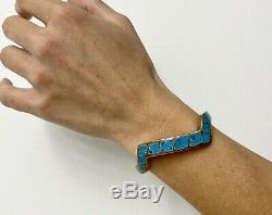 Vintage Native American Navajo Sterling Silver Turquoise Inlay Cuff Bracelet 39g