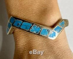 Vintage Native American Navajo Sterling Silver Turquoise Inlay Cuff Bracelet 39g