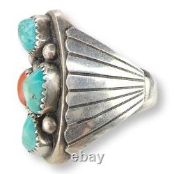 Vintage Native American Navajo Sterling Silver Turquoise and Coral Ring SZ 10.25