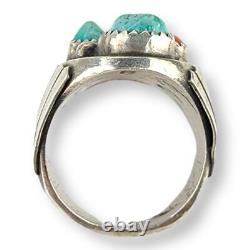Vintage Native American Navajo Sterling Silver Turquoise and Coral Ring SZ 10.25
