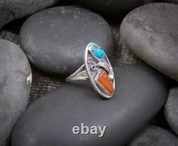 Vintage Native American Navajo Sterling Turquoise Coral Women's Ring Size 6.75