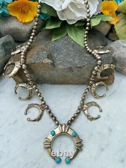 Vintage Native American Navajo Sterling Turquoise Squash Blossom Necklace Wow