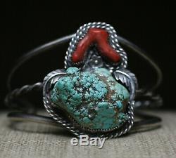 Vintage Native American Navajo Turquoise Coral Sterling Silver Cuff Bracelet