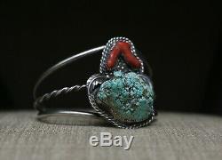 Vintage Native American Navajo Turquoise Coral Sterling Silver Cuff Bracelet