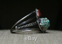 Vintage Native American Navajo Turquoise Coral Sterling Silver Cuff Bracelet