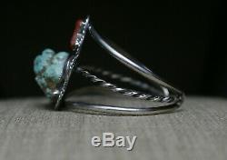 Vintage Native American Navajo Turquoise Coral Sterling Silver Cuff Bracelet