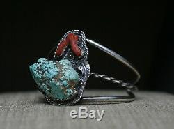 Vintage Native American Navajo Turquoise Coral Sterling Silver Cuff Bracelet