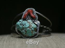 Vintage Native American Navajo Turquoise Coral Sterling Silver Cuff Bracelet