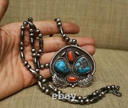 Vintage Native American Navajo Turquoise Coral Sterling Silver Necklace