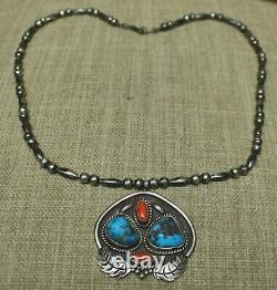 Vintage Native American Navajo Turquoise Coral Sterling Silver Necklace