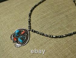 Vintage Native American Navajo Turquoise Coral Sterling Silver Necklace