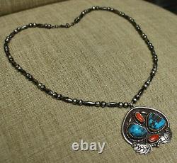 Vintage Native American Navajo Turquoise Coral Sterling Silver Necklace