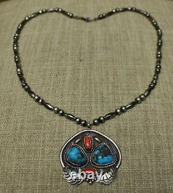 Vintage Native American Navajo Turquoise Coral Sterling Silver Necklace