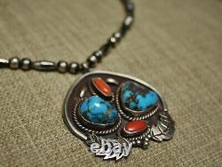 Vintage Native American Navajo Turquoise Coral Sterling Silver Necklace