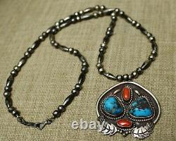 Vintage Native American Navajo Turquoise Coral Sterling Silver Necklace