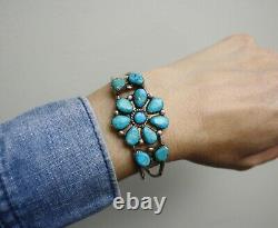 Vintage Native American Navajo Turquoise Sterling Silver Cluster Cuff Bracelet